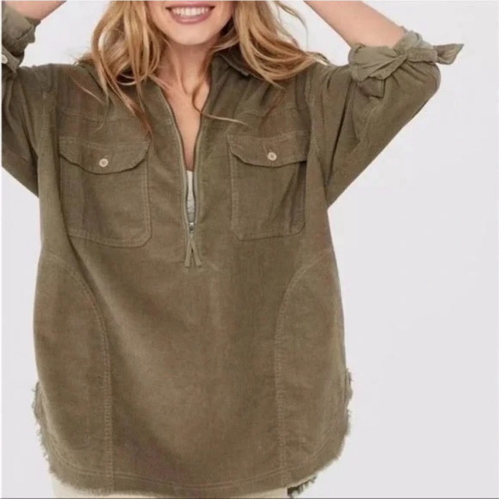 Aerie Offline Corduroy Quarter Zip Shacket Bunker Olive Green Medium